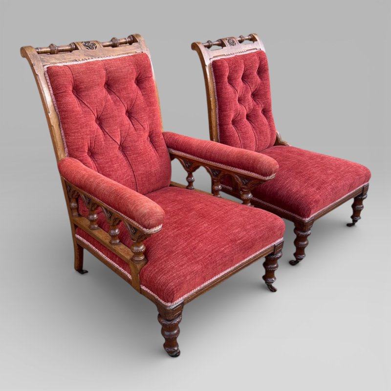 Antique Victorian Pair Of Ladies And Gentlemen’s Red Gothic Revival Oak Chairs - Image 3